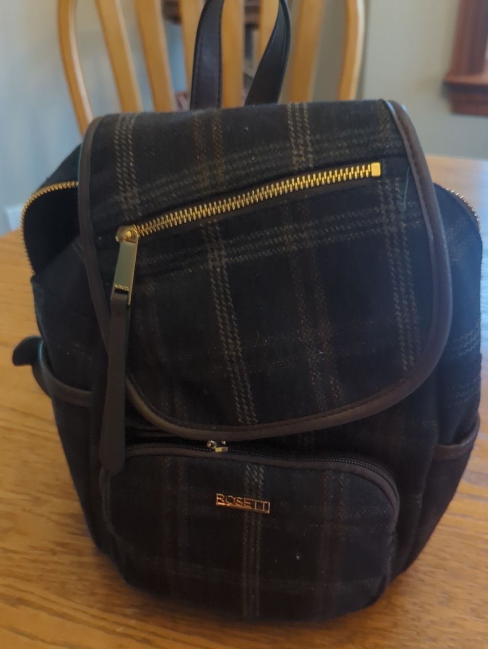 Rosetti Black Plaid Mini Backpack with Gold Hardware